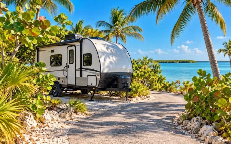 A short travel trailer on a tight campsite loop near Big Pine Key