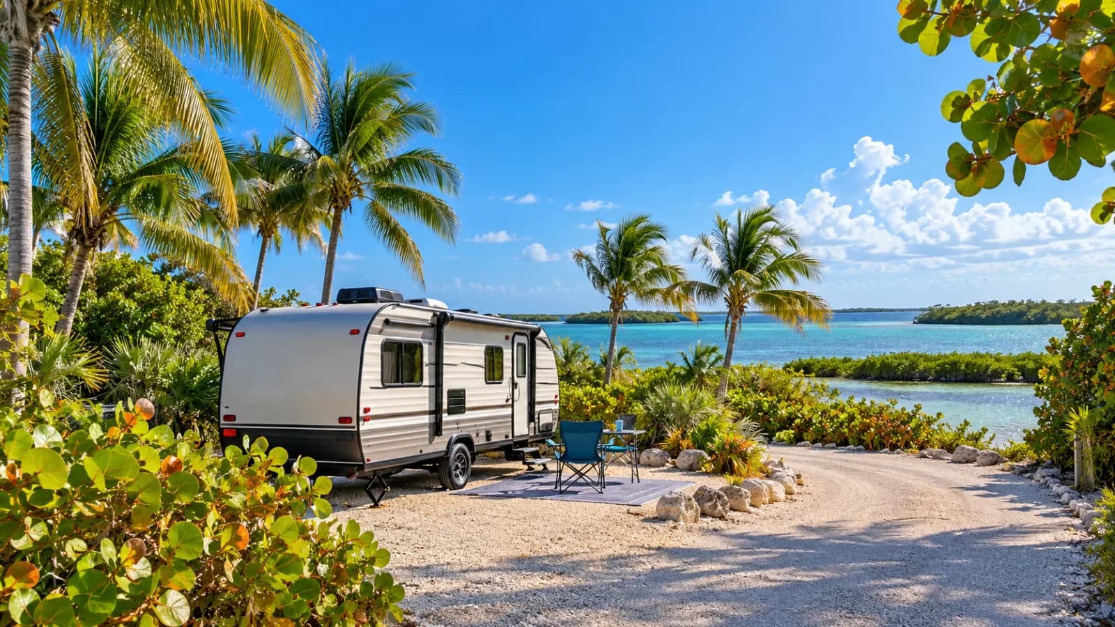 A short travel trailer on a tight campsite loop near Big Pine Key