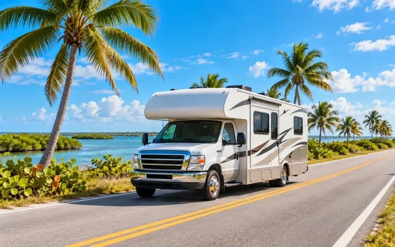 A motorhome pulling onto a flat highway south of Homestead