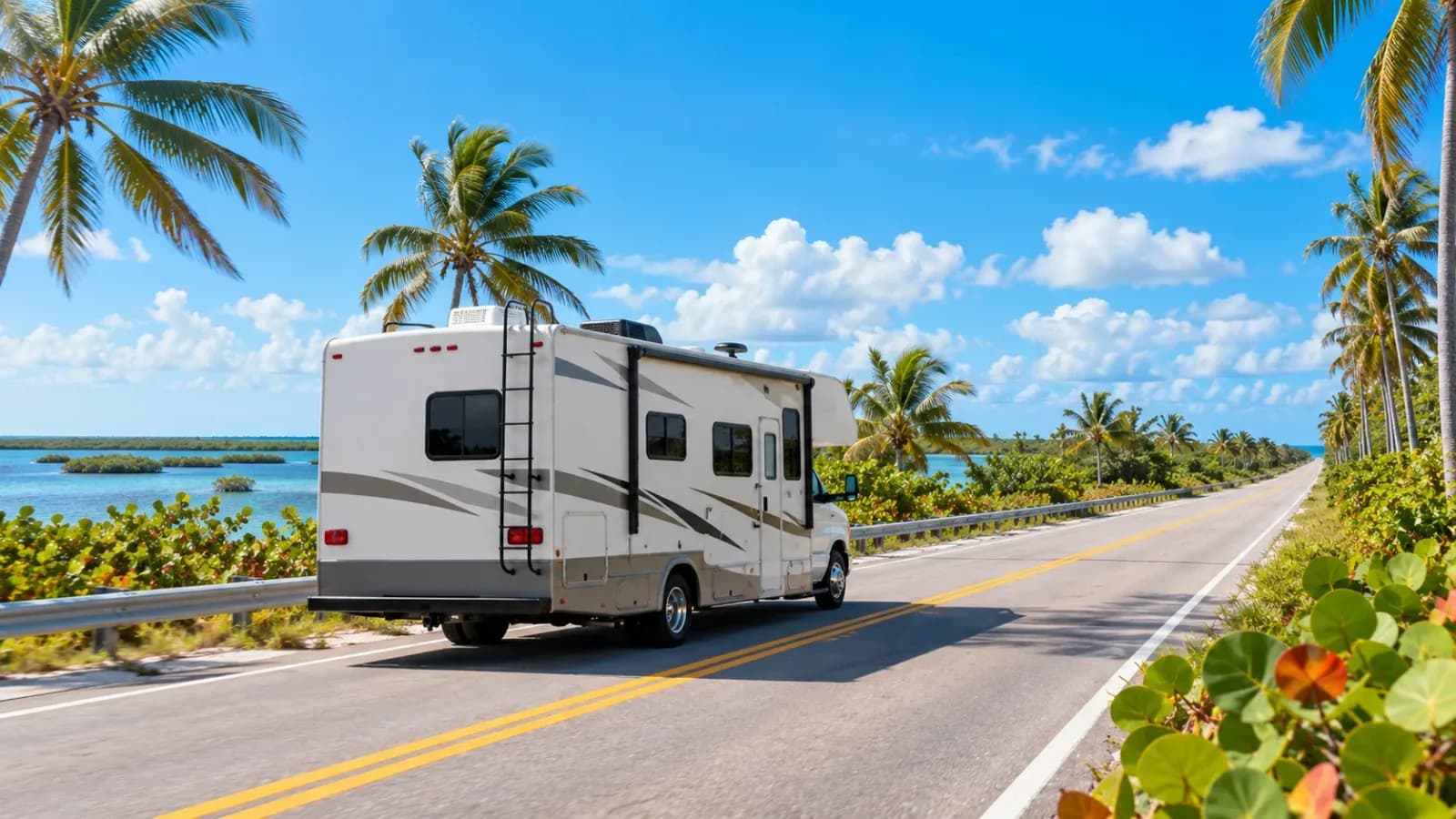 A motorhome pulling onto a flat highway south of Homestead