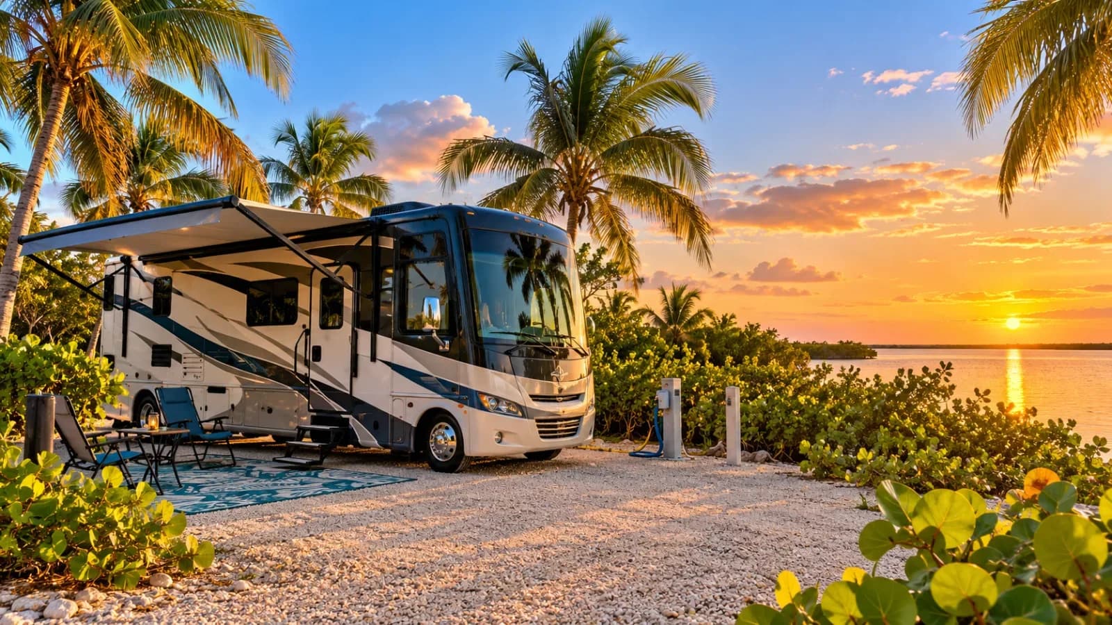 An RV on a full-hookup site among mangroves in Key Largo