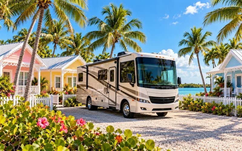 A Key West campground scene with an RV, pastel cottages, white picket fences, and palms