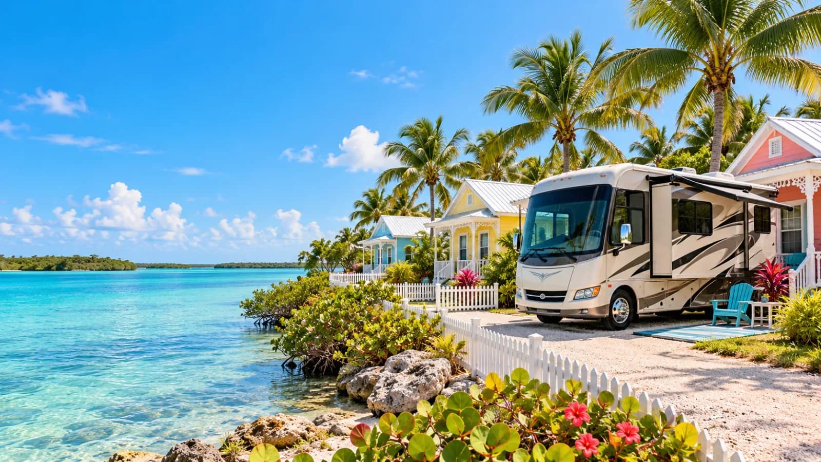 A colorful RV campground scene with pastel cottages, white picket fences, and palms near Key West