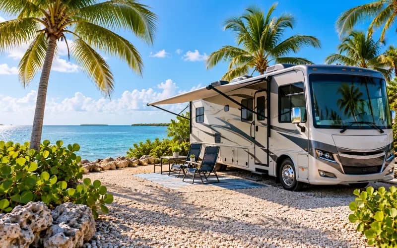 An RV on a gravel site near the ocean in Marathon