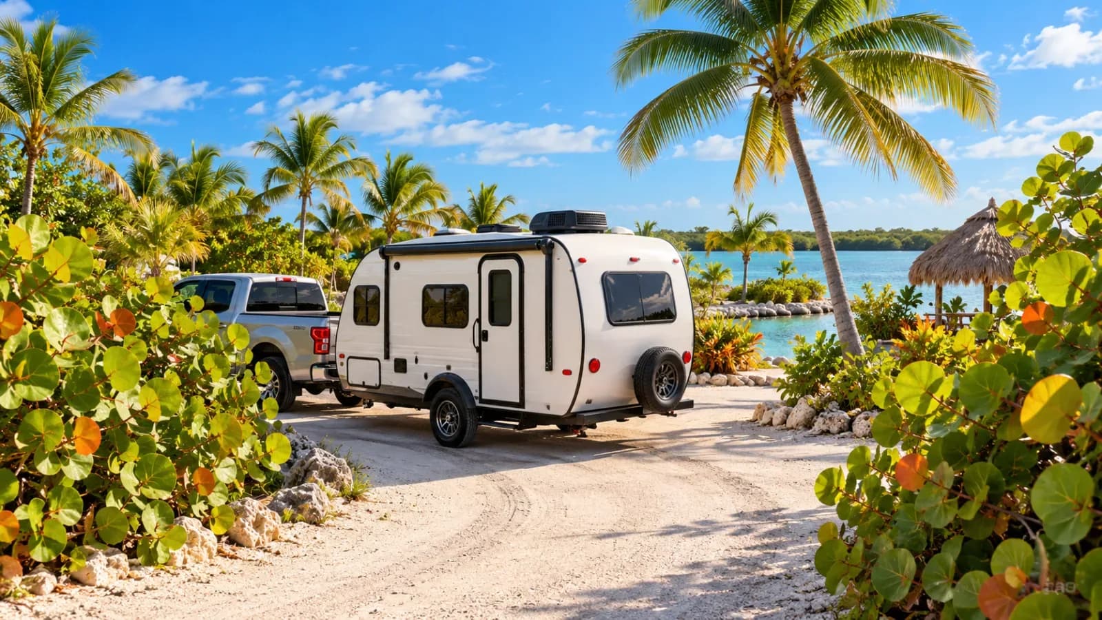 Illustration of a campground like Bahia Honda: a short trailer on a tight loop turn between sea grape hedges