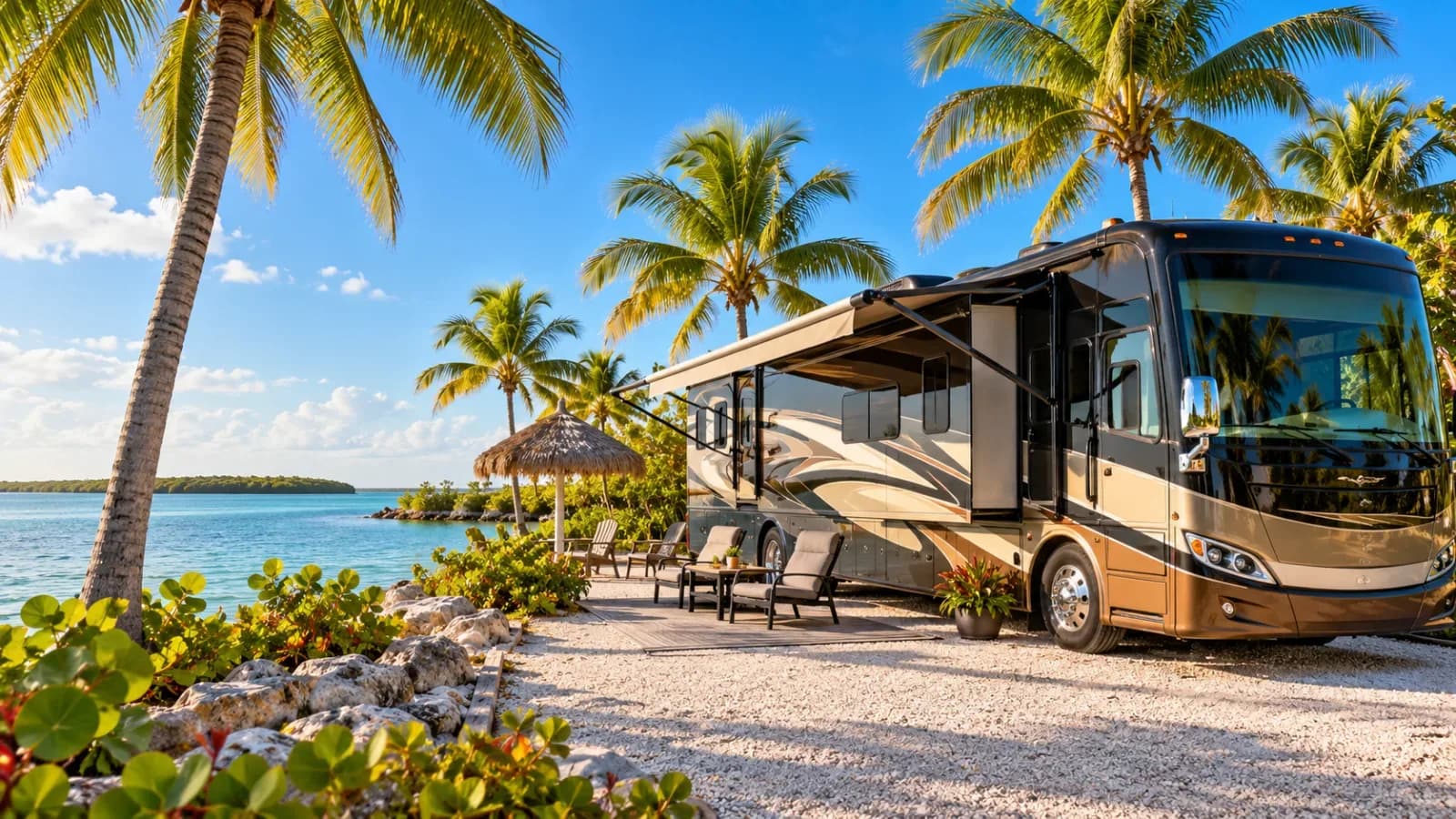 Illustration of a campground like Curry Hammock: a long motorhome on a wide pad beside palms and open water