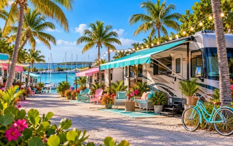 Illustration of a campground like Key West Campgrounds: pastel-awning RV sites with string lights, a bicycle, and marina masts