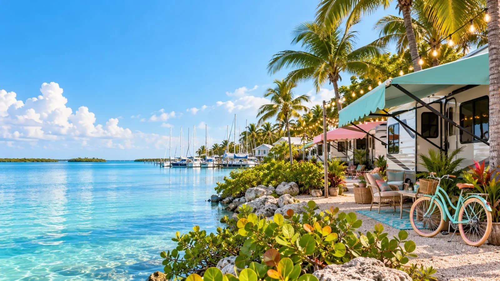 Illustration of a campground like Key West Campgrounds: back-in RV sites with pastel awnings, string lights, a bicycle, and marina masts