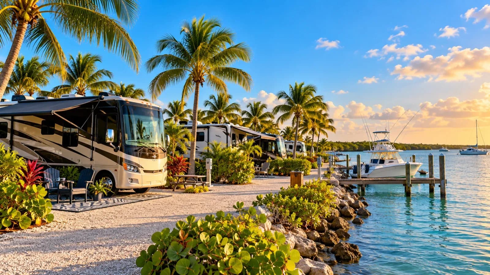 Illustration of a campground like Marathon Campgrounds: RV sites at a waterfront park with boats beyond