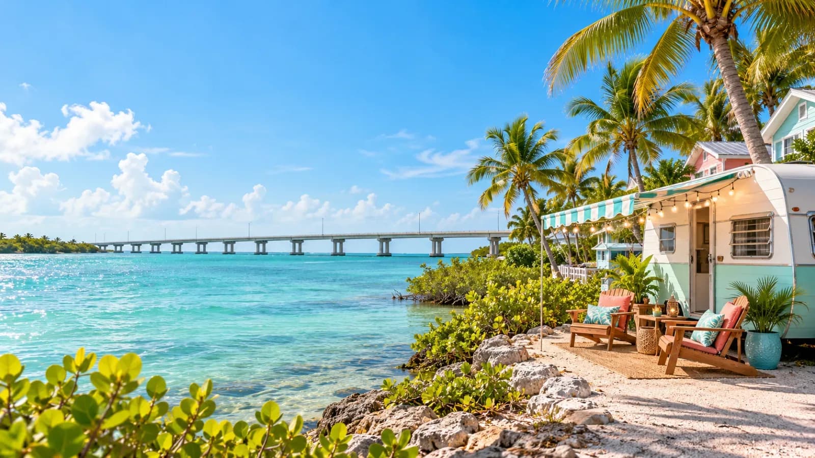 A long low highway bridge over green water with a pastel trailer and string lights on the shore