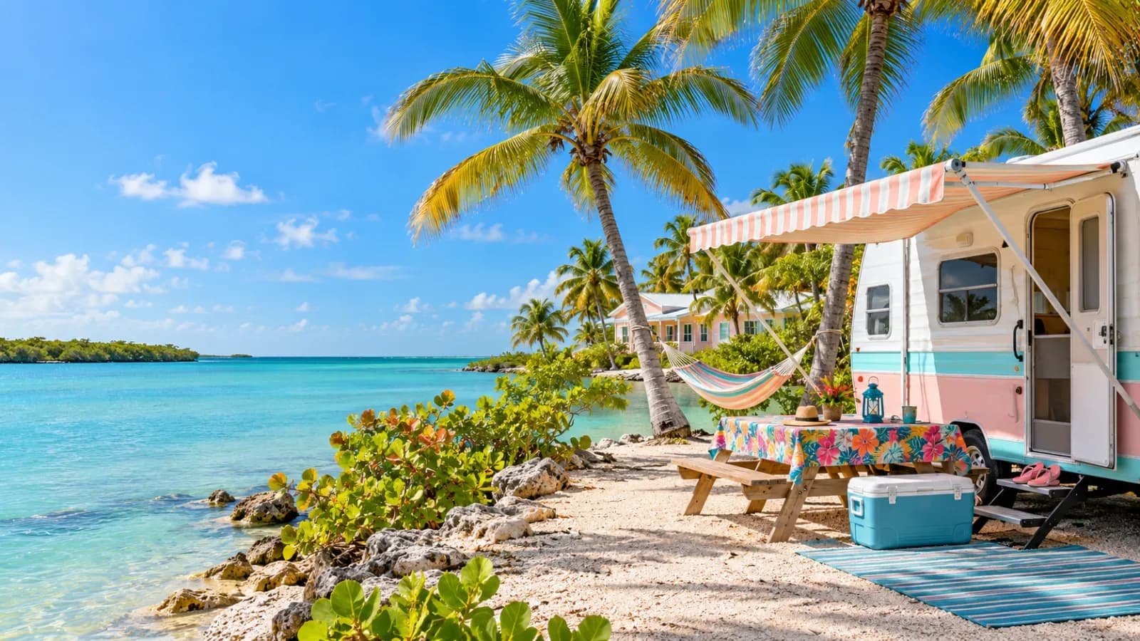 A pastel trailer with an awning beside a cloth-covered picnic table, cooler, flip-flops, and a hammock by the water