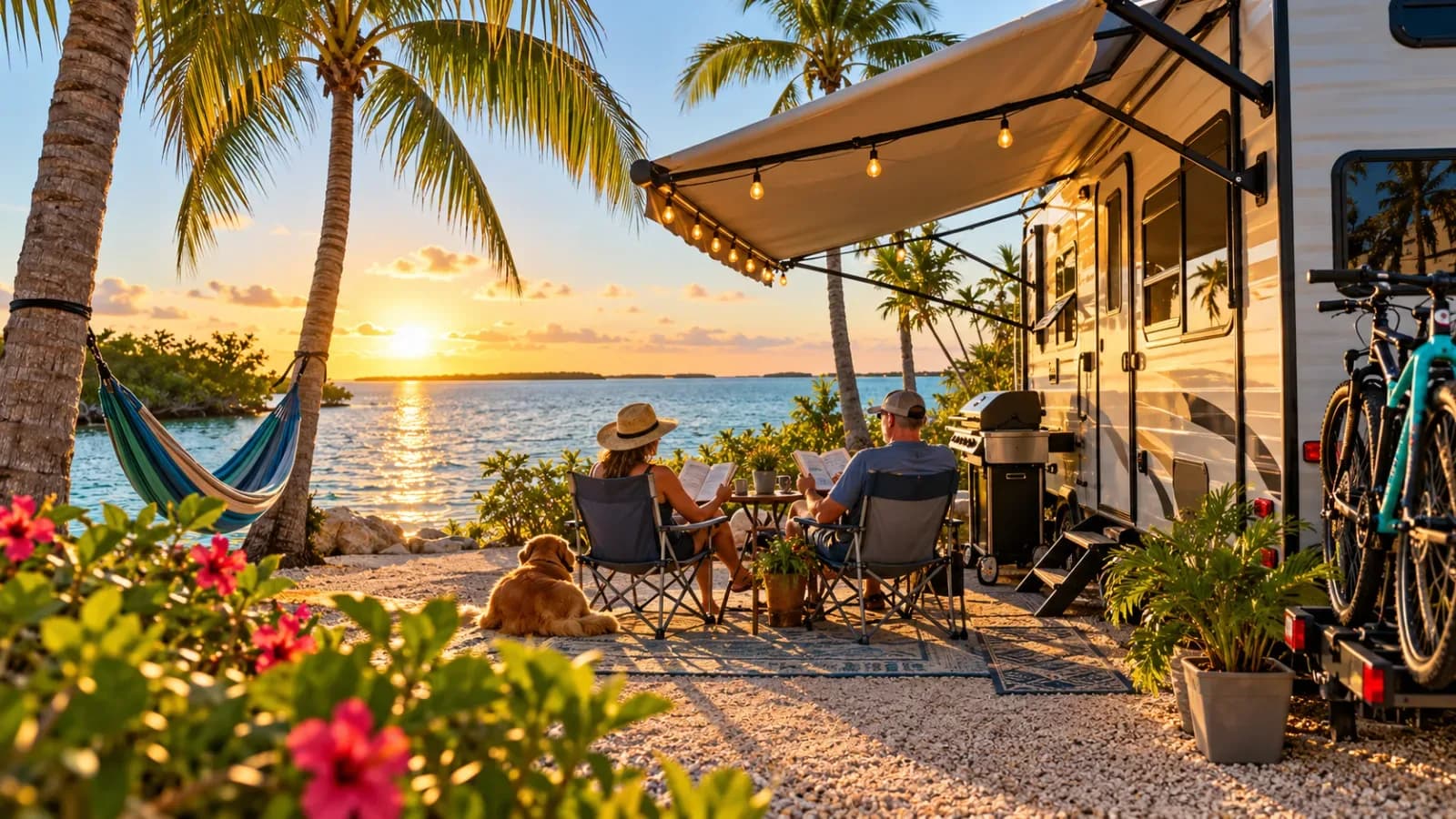 A couple reading under the awning at a month-long travel trailer site with string lights, a hammock, and bikes