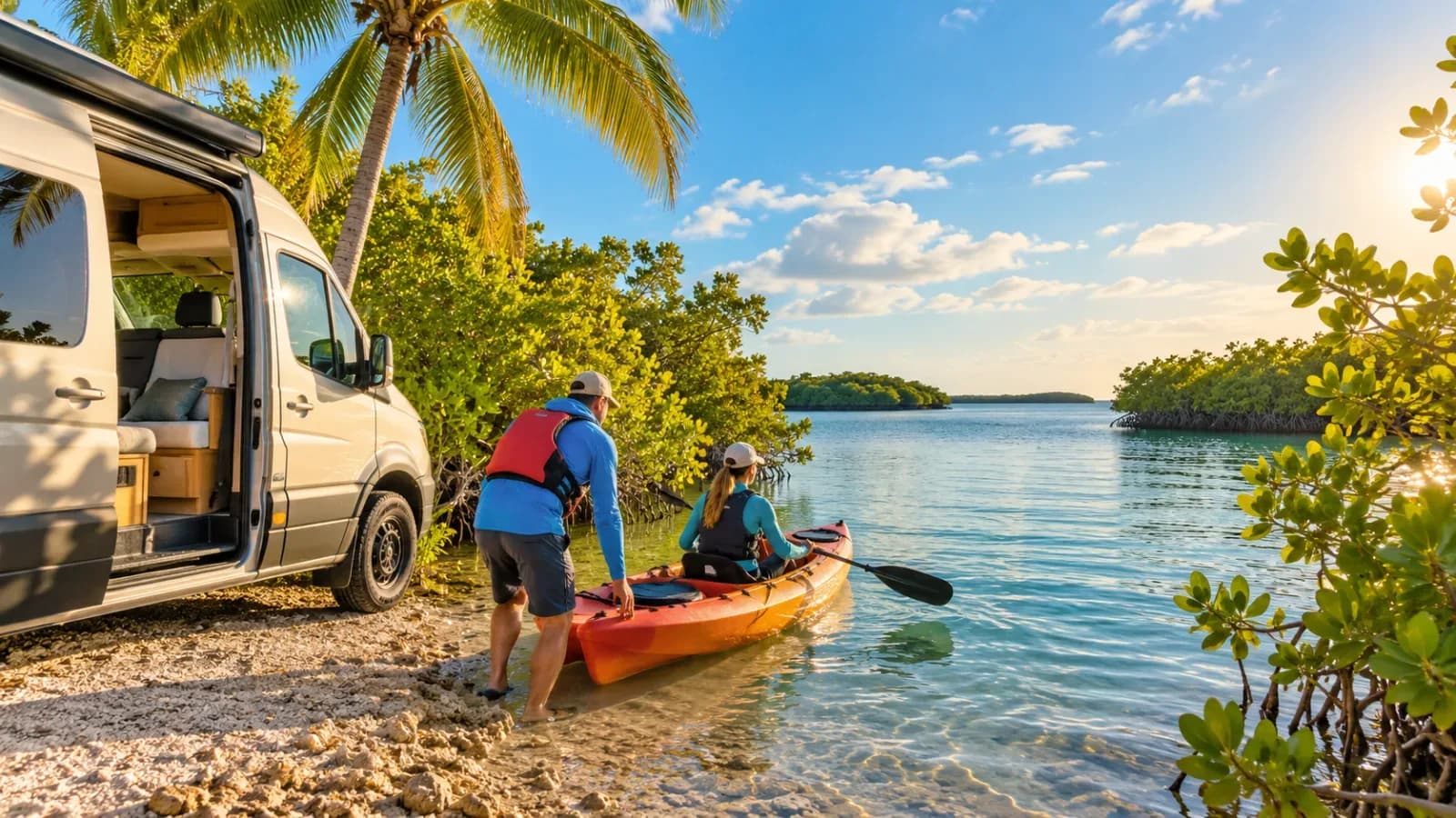 A couple in life jackets launching a tandem kayak beside a camper van at a mangrove shoreline