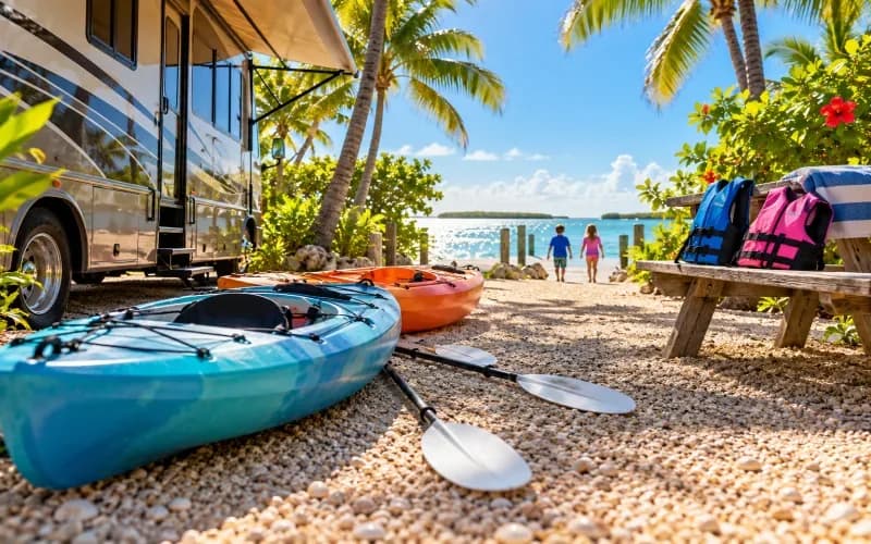 Two kayaks and paddles beside an RV with children’s life jackets on a picnic bench