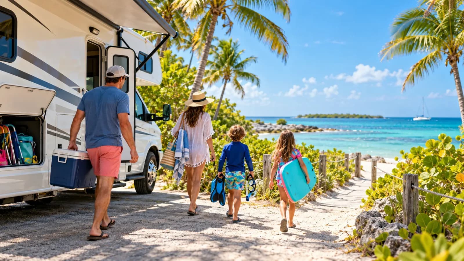A family unloading a Class C while children carry snorkel gear and a boogie board toward a beach path