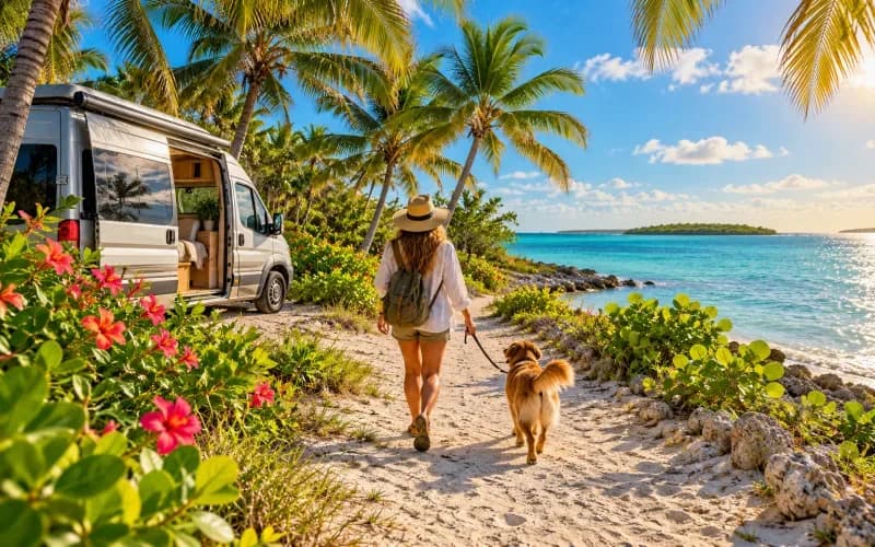 A solo traveller walking a medium-size dog along a tropical path with a camper van behind