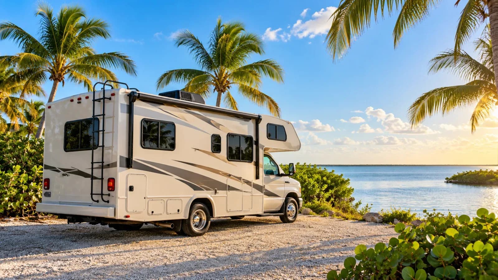 A Class C motorhome with a cab-over bunk parked on a gravel site
