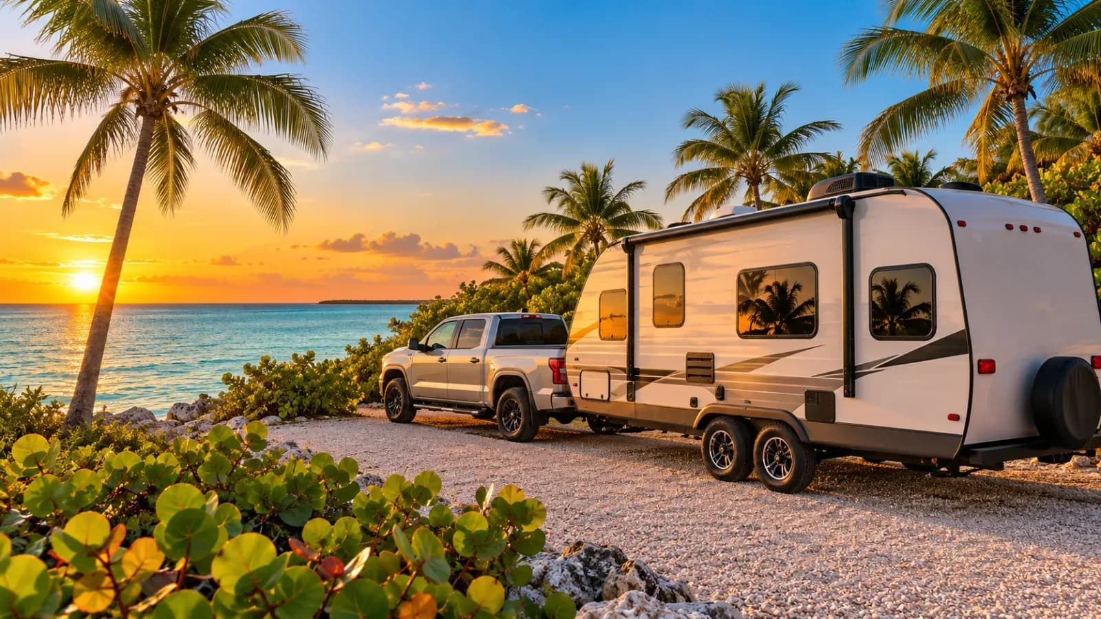 A travel trailer hitched to a pickup on a gravel campsite