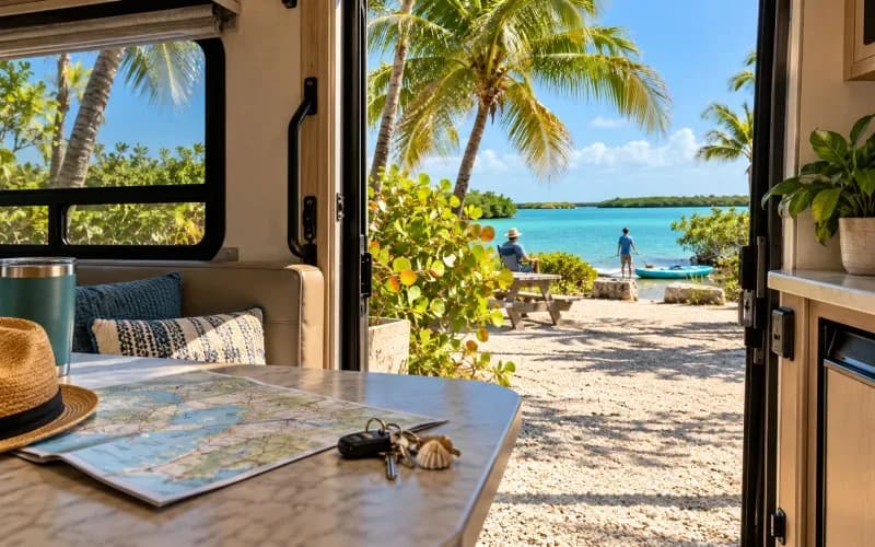 View from inside an RV through the open door to blue water, with a map and keys on the dinette