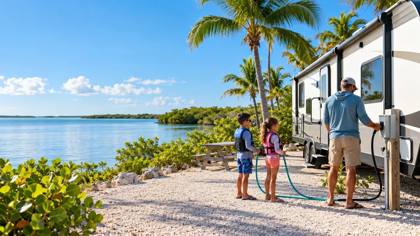 A parent connecting shore power while two children in life jackets hold a hose beside a travel trailer