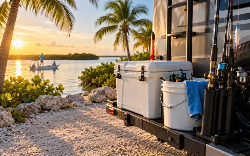 A cooler, bucket, and fishing rods on an RV bumper in the early light