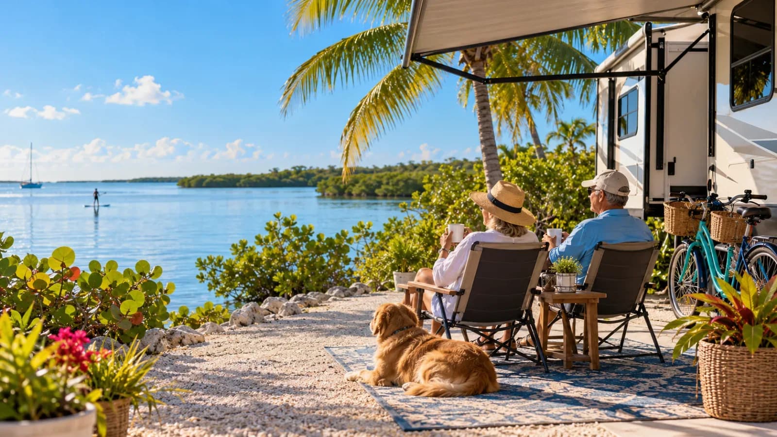 A retired couple and their dog enjoying morning coffee beside a fifth wheel with bikes and potted plants