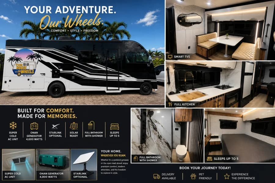 “YHOW” MEET AXIS, OUR LUXURY BLACK EDITION Class A RV rental for the Florida Keys, exterior